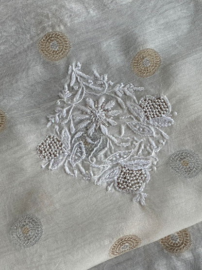 Golden & Silver Off White Zari Chanderi Unisex Chikankari Unstitched Men’s Kurta Fabric
