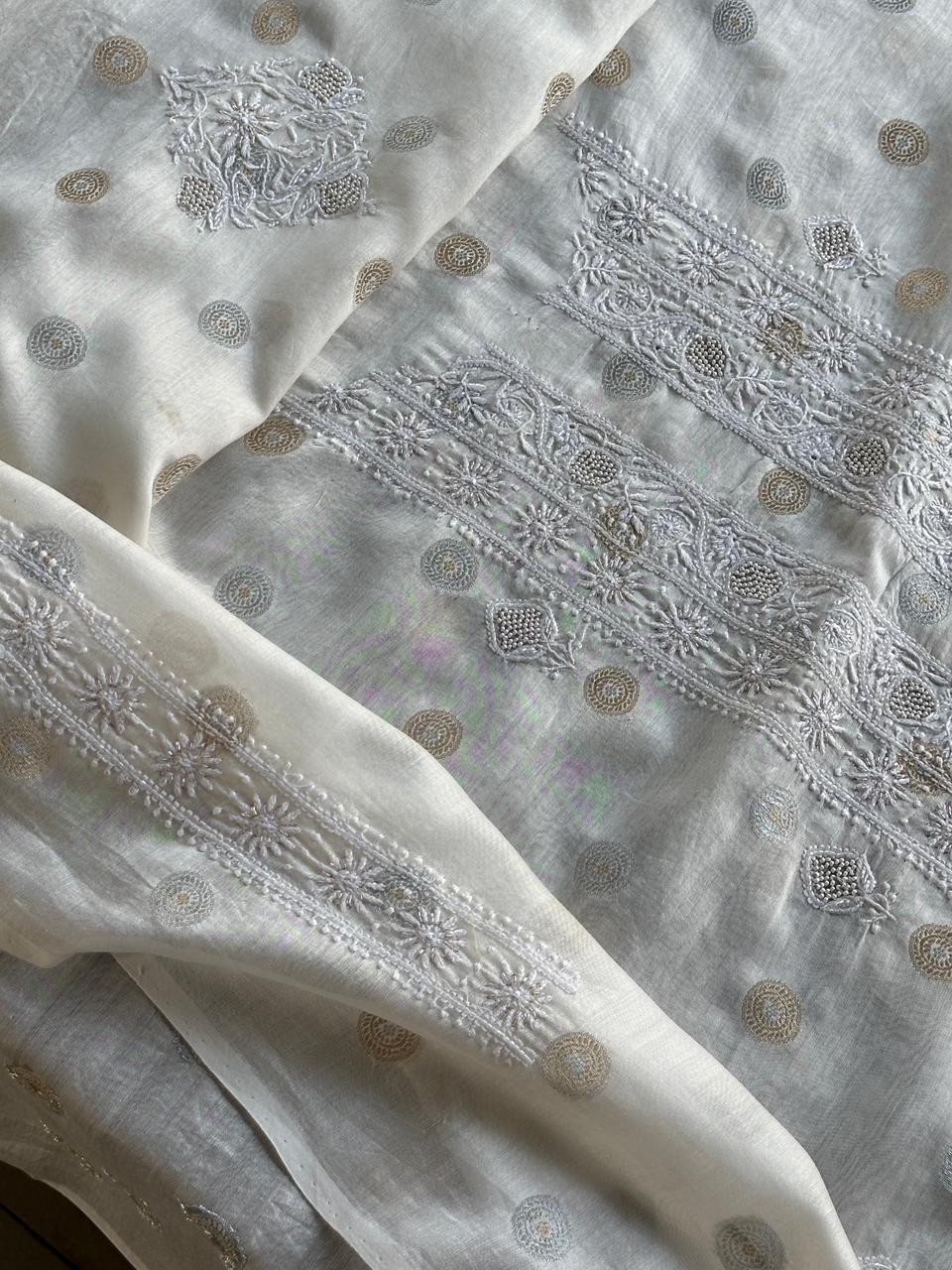 Golden & Silver Off White Zari Chanderi Unisex Chikankari Unstitched Men’s Kurta Fabric