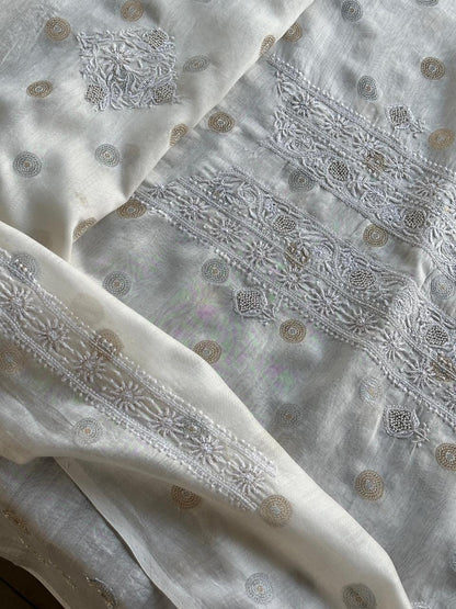 Golden & Silver Off White Zari Chanderi Unisex Chikankari Unstitched Men’s Kurta Fabric