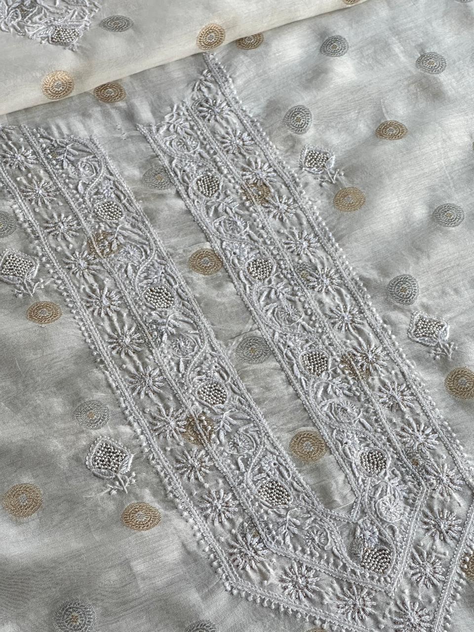 Golden & Silver Off White Zari Chanderi Unisex Chikankari Unstitched Men’s Kurta Fabric