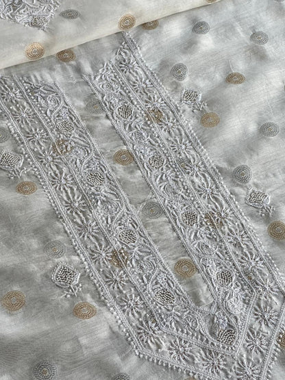 Golden & Silver Off White Zari Chanderi Unisex Chikankari Unstitched Men’s Kurta Fabric