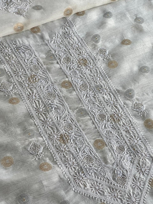 Golden & Silver Off White Zari Chanderi Unisex Chikankari Unstitched Men’s Kurta Fabric