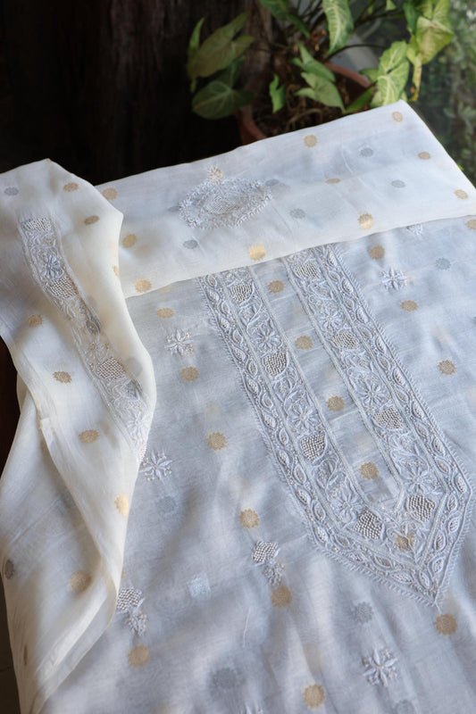 Golden & Silver Off White Zari Chanderi Unisex Chikankari Unstitched Men’s Kurta Fabric