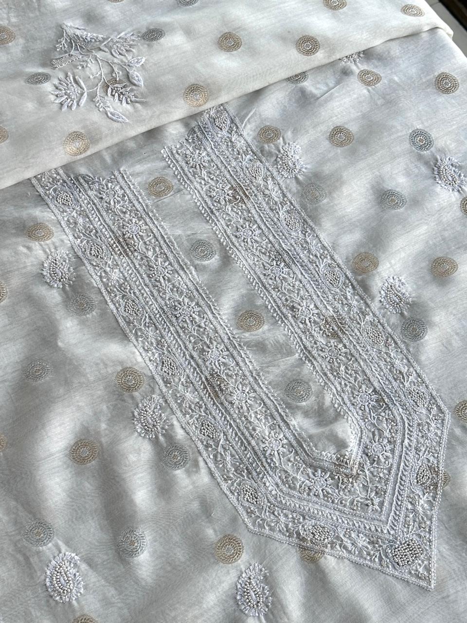 Golden & Silver Off White Zari Chanderi Unisex Chikankari Unstitched Men’s Kurta Fabric