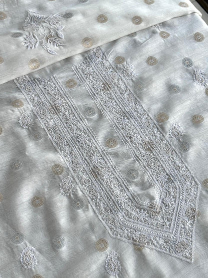 Golden & Silver Off White Zari Chanderi Unisex Chikankari Unstitched Men’s Kurta Fabric