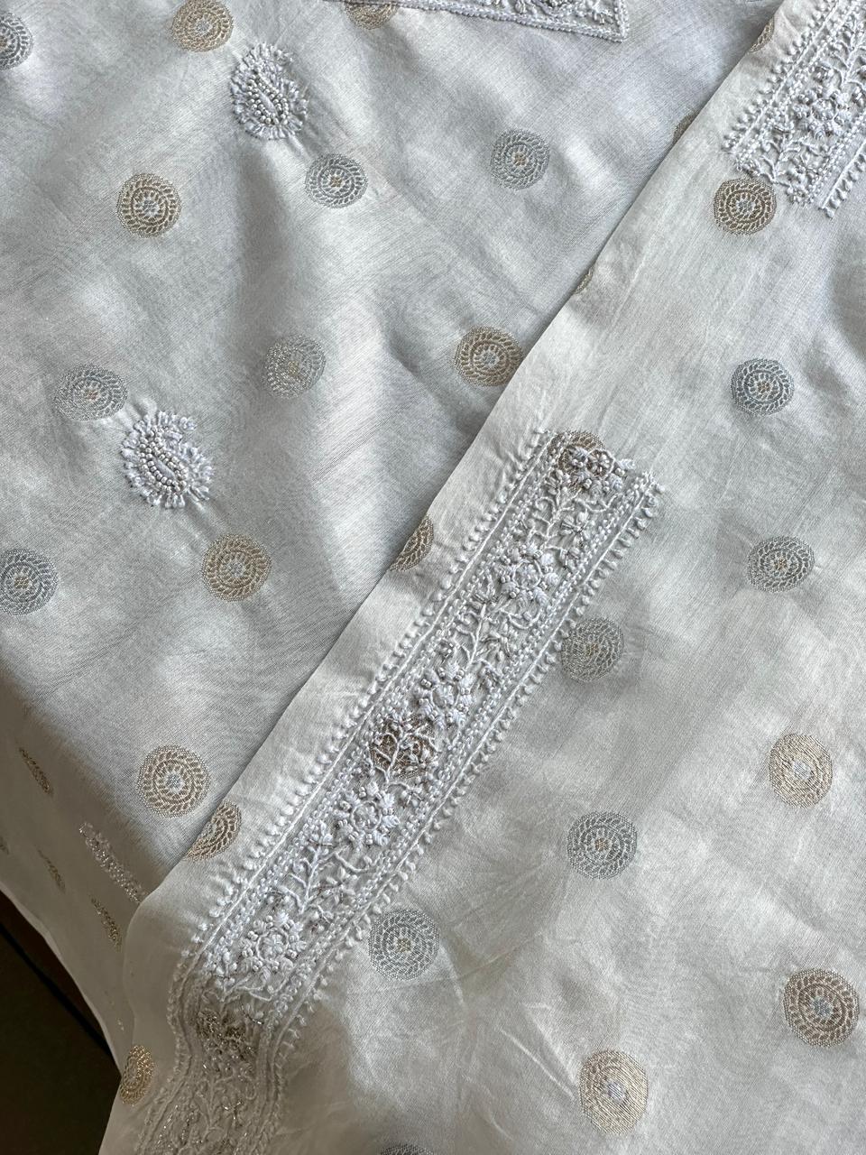 Golden & Silver Off White Zari Chanderi Unisex Chikankari Unstitched Men’s Kurta Fabric