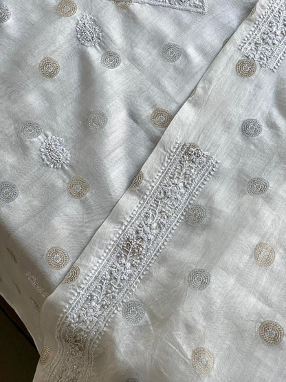 Golden & Silver Off White Zari Chanderi Unisex Chikankari Unstitched Men’s Kurta Fabric