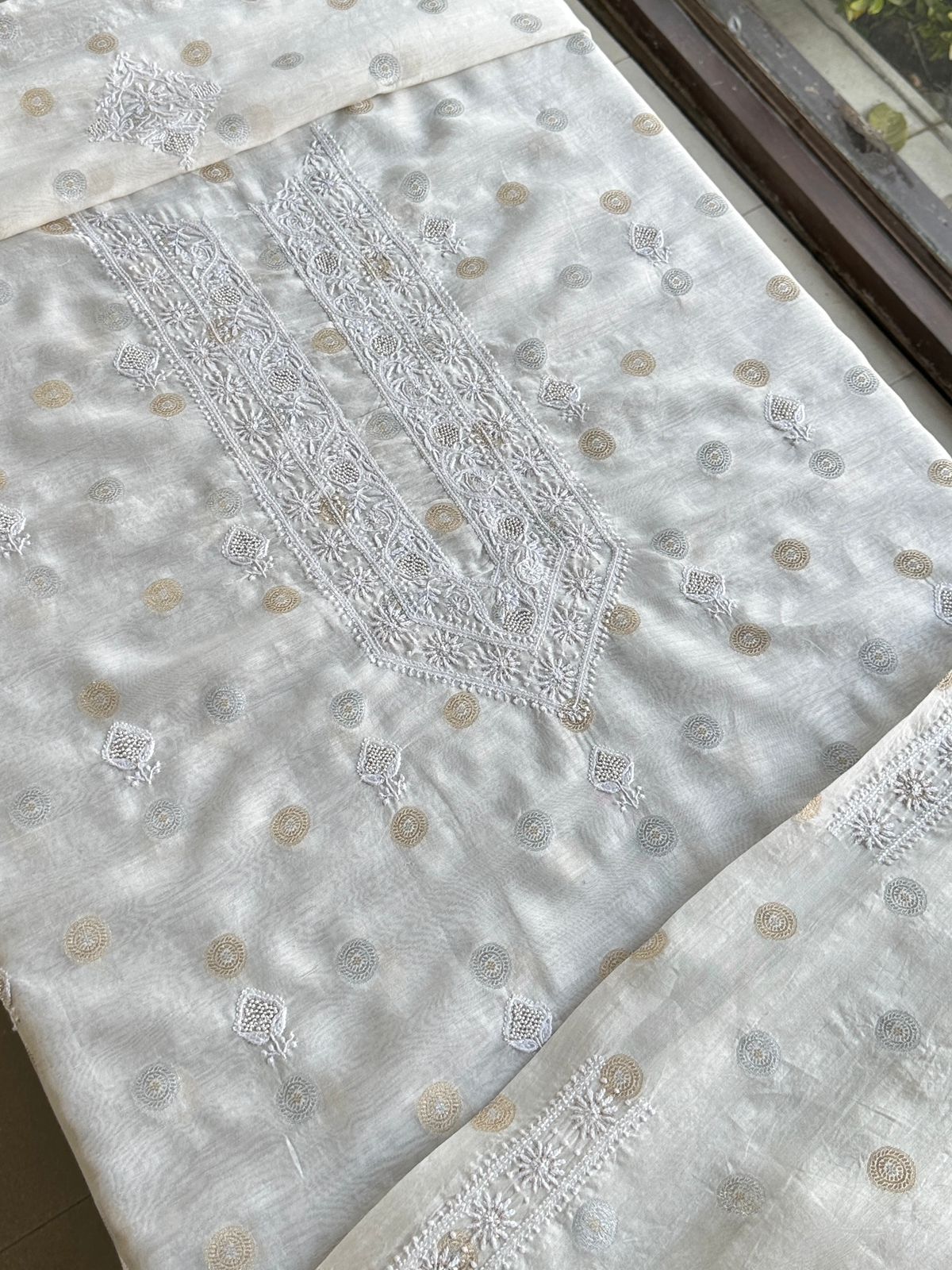 Golden & Silver Off White Zari Chanderi Unisex Chikankari Unstitched Men’s Kurta Fabric