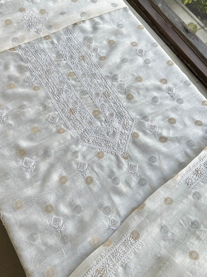 Golden & Silver Off White Zari Chanderi Unisex Chikankari Unstitched Men’s Kurta Fabric
