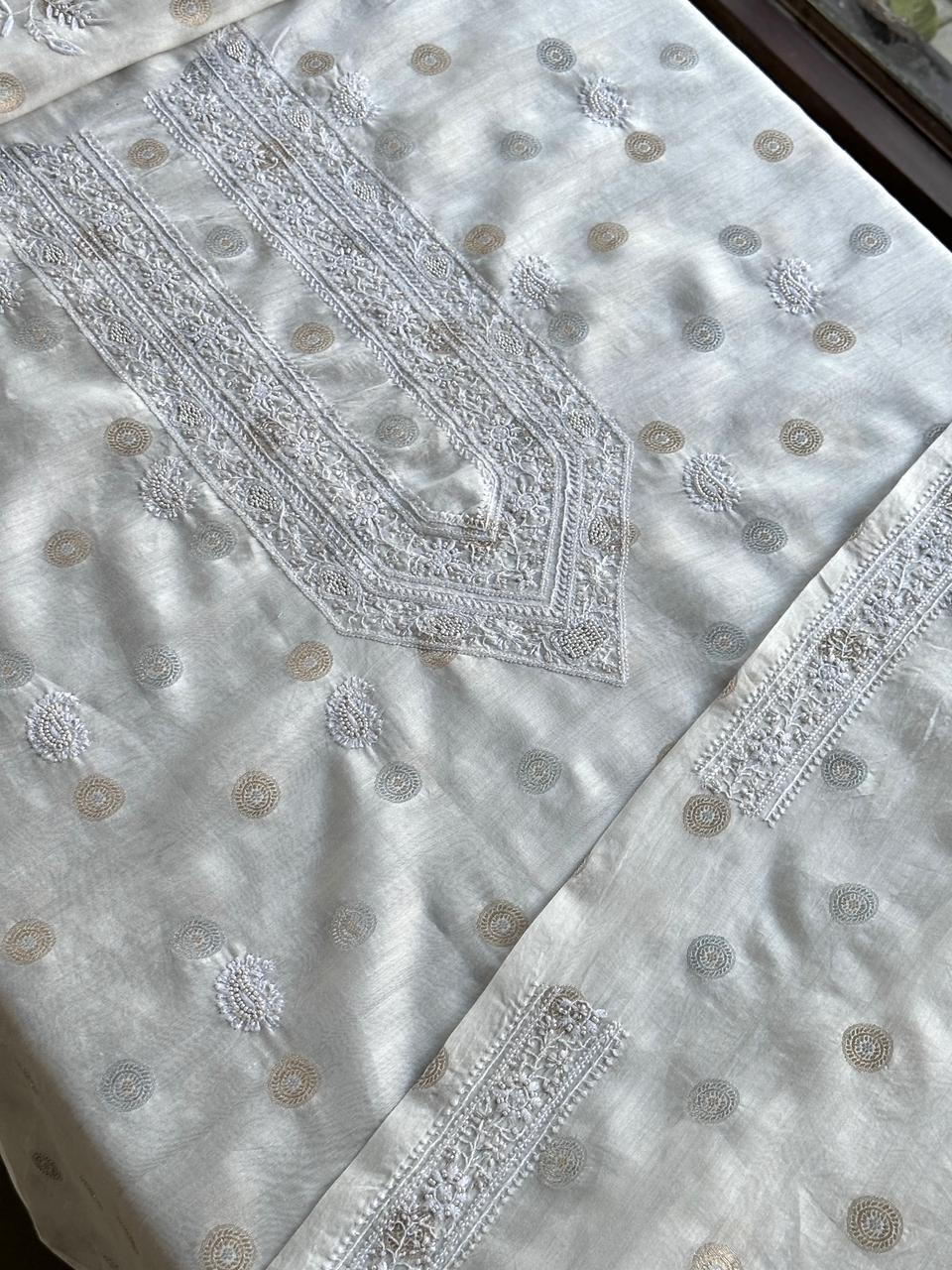 Golden & Silver Off White Zari Chanderi Unisex Chikankari Unstitched Men’s Kurta Fabric