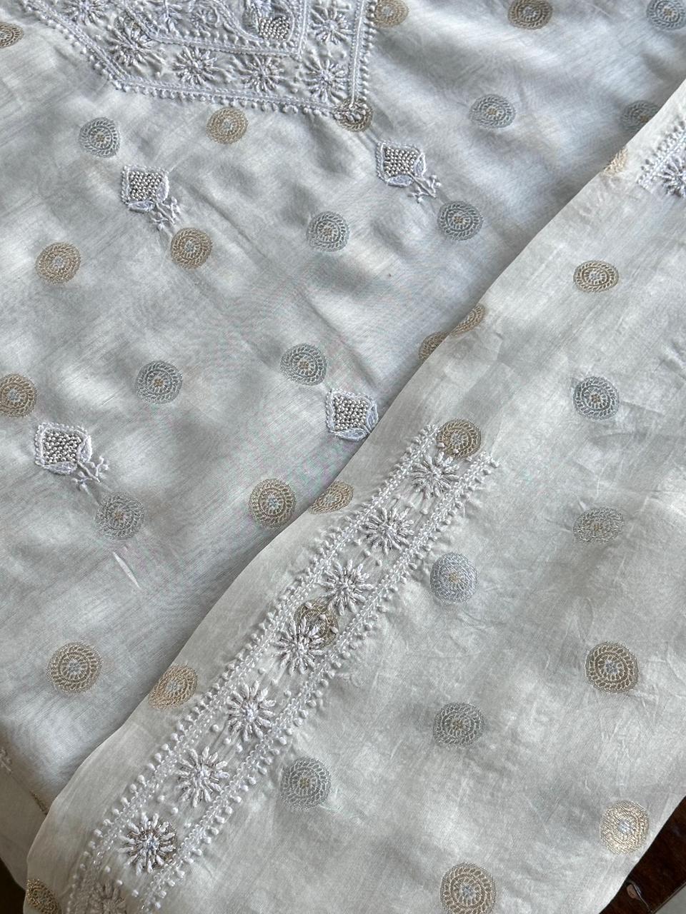 Golden & Silver Off White Zari Chanderi Unisex Chikankari Unstitched Men’s Kurta Fabric