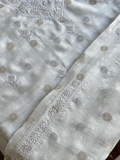 Golden & Silver Off White Zari Chanderi Unisex Chikankari Unstitched Men’s Kurta Fabric
