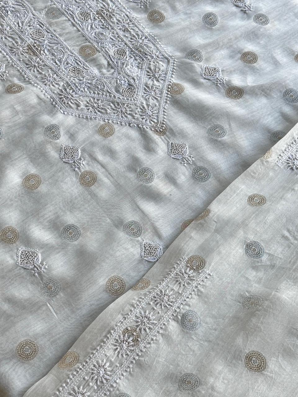 Golden & Silver Off White Zari Chanderi Unisex Chikankari Unstitched Men’s Kurta Fabric