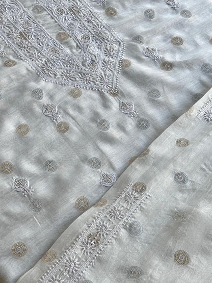 Golden & Silver Off White Zari Chanderi Unisex Chikankari Unstitched Men’s Kurta Fabric