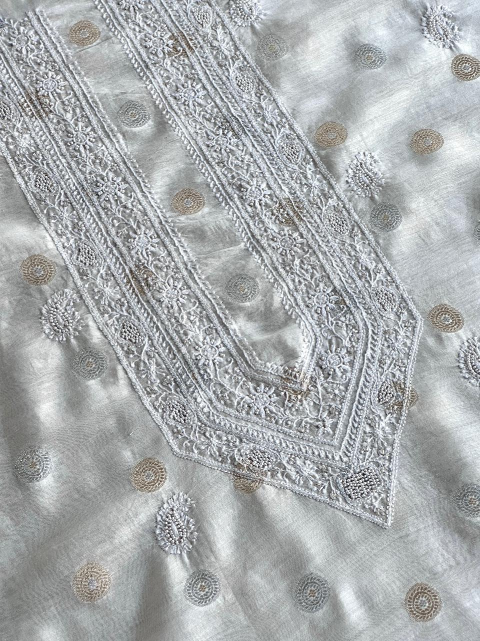 Golden & Silver Off White Zari Chanderi Unisex Chikankari Unstitched Men’s Kurta Fabric