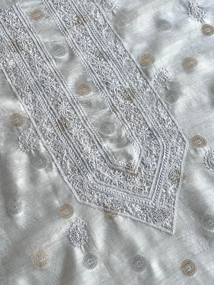 Golden & Silver Off White Zari Chanderi Unisex Chikankari Unstitched Men’s Kurta Fabric