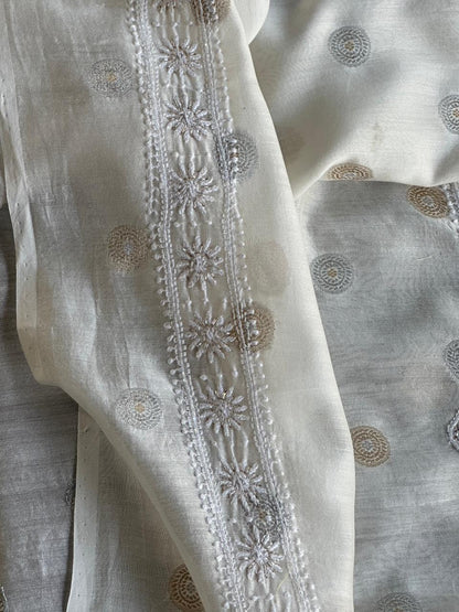 Golden & Silver Off White Zari Chanderi Unisex Chikankari Unstitched Men’s Kurta Fabric