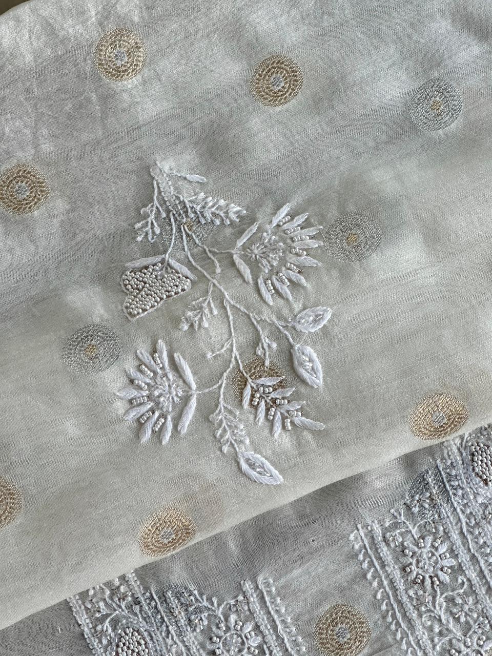 Golden & Silver Off White Zari Chanderi Unisex Chikankari Unstitched Men’s Kurta Fabric