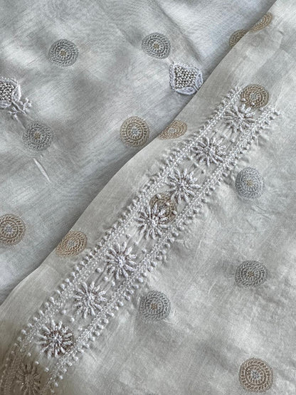 Golden & Silver Off White Zari Chanderi Unisex Chikankari Unstitched Men’s Kurta Fabric