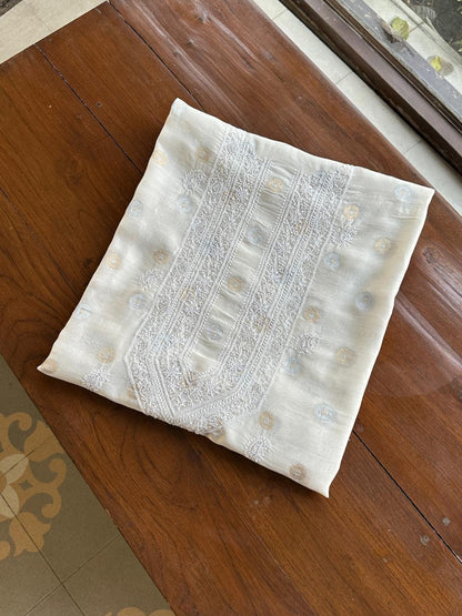 Golden & Silver Off White Zari Chanderi Unisex Chikankari Unstitched Men’s Kurta Fabric