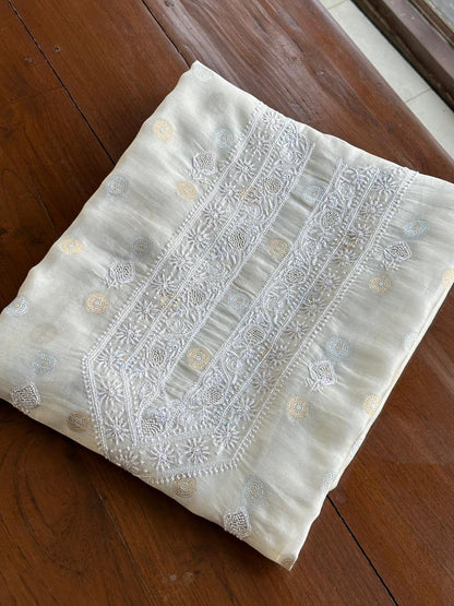 Golden & Silver Off White Zari Chanderi Unisex Chikankari Unstitched Men’s Kurta Fabric