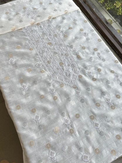 Golden & Silver Off White Zari Chanderi Unisex Chikankari Unstitched Men’s Kurta Fabric