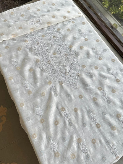 Golden & Silver Off White Zari Chanderi Unisex Chikankari Unstitched Men’s Kurta Fabric