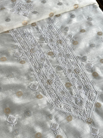 Golden & Silver Off White Zari Chanderi Unisex Chikankari Unstitched Men’s Kurta Fabric