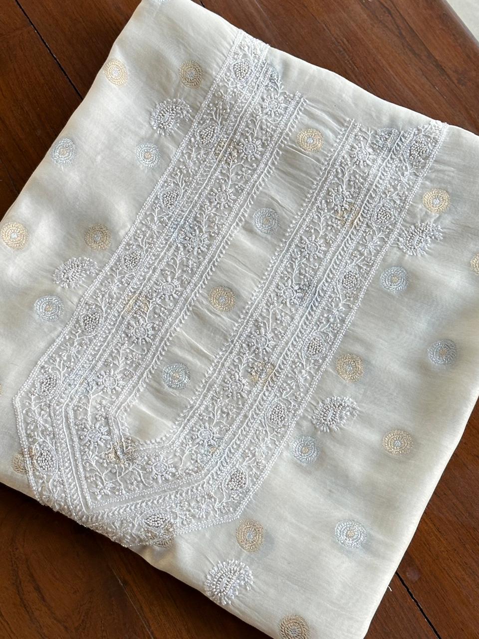 Golden & Silver Off White Zari Chanderi Unisex Chikankari Unstitched Men’s Kurta Fabric