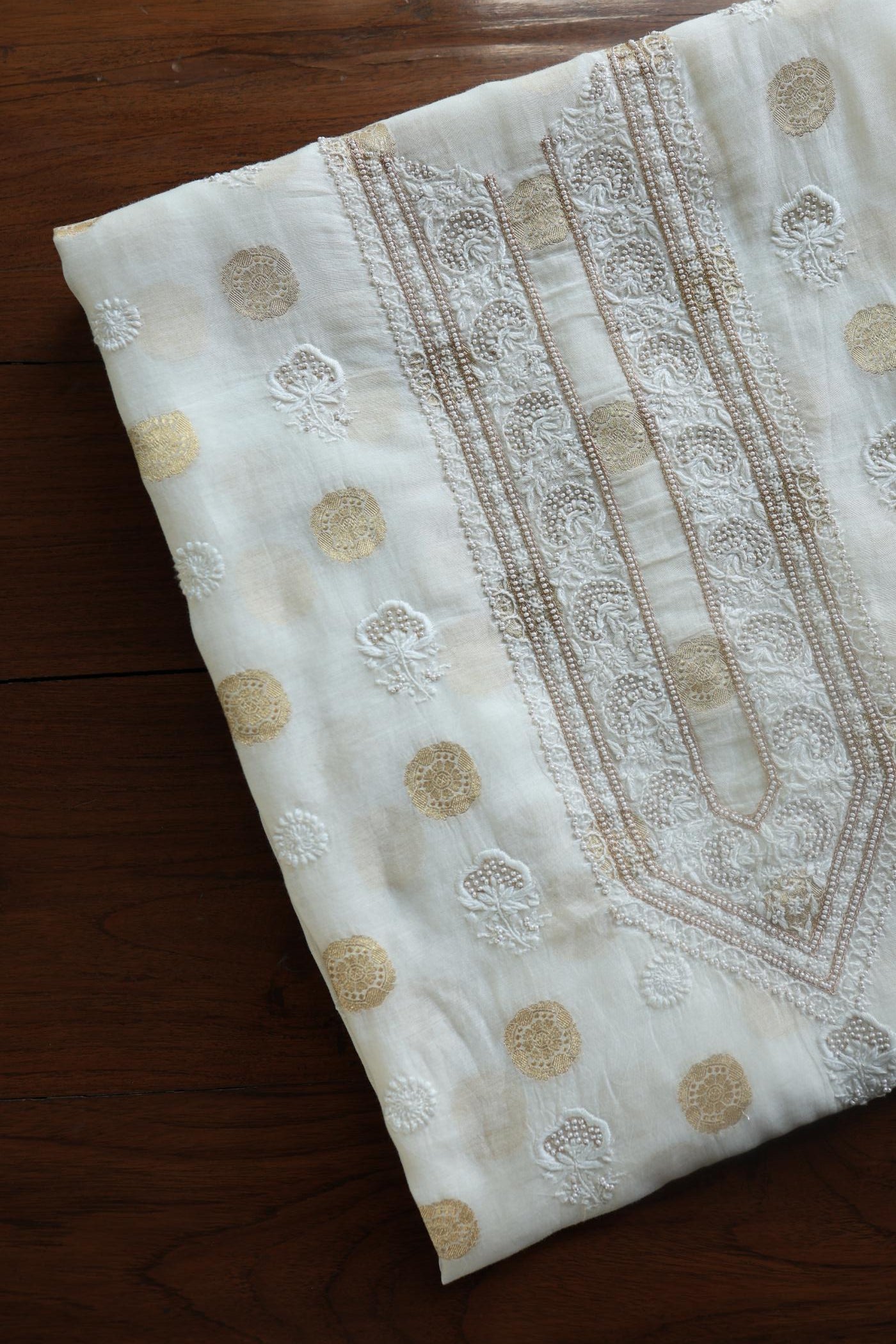 Golden Zari Chanderi Unisex Chikankari Unstitched Men’s Kurta Fabric