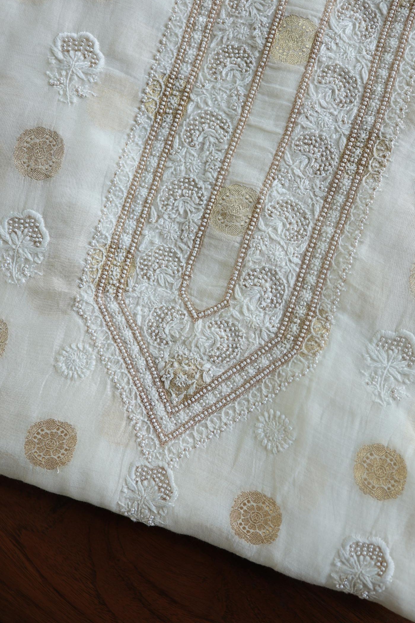 Golden Zari Chanderi Unisex Chikankari Unstitched Men’s Kurta Fabric