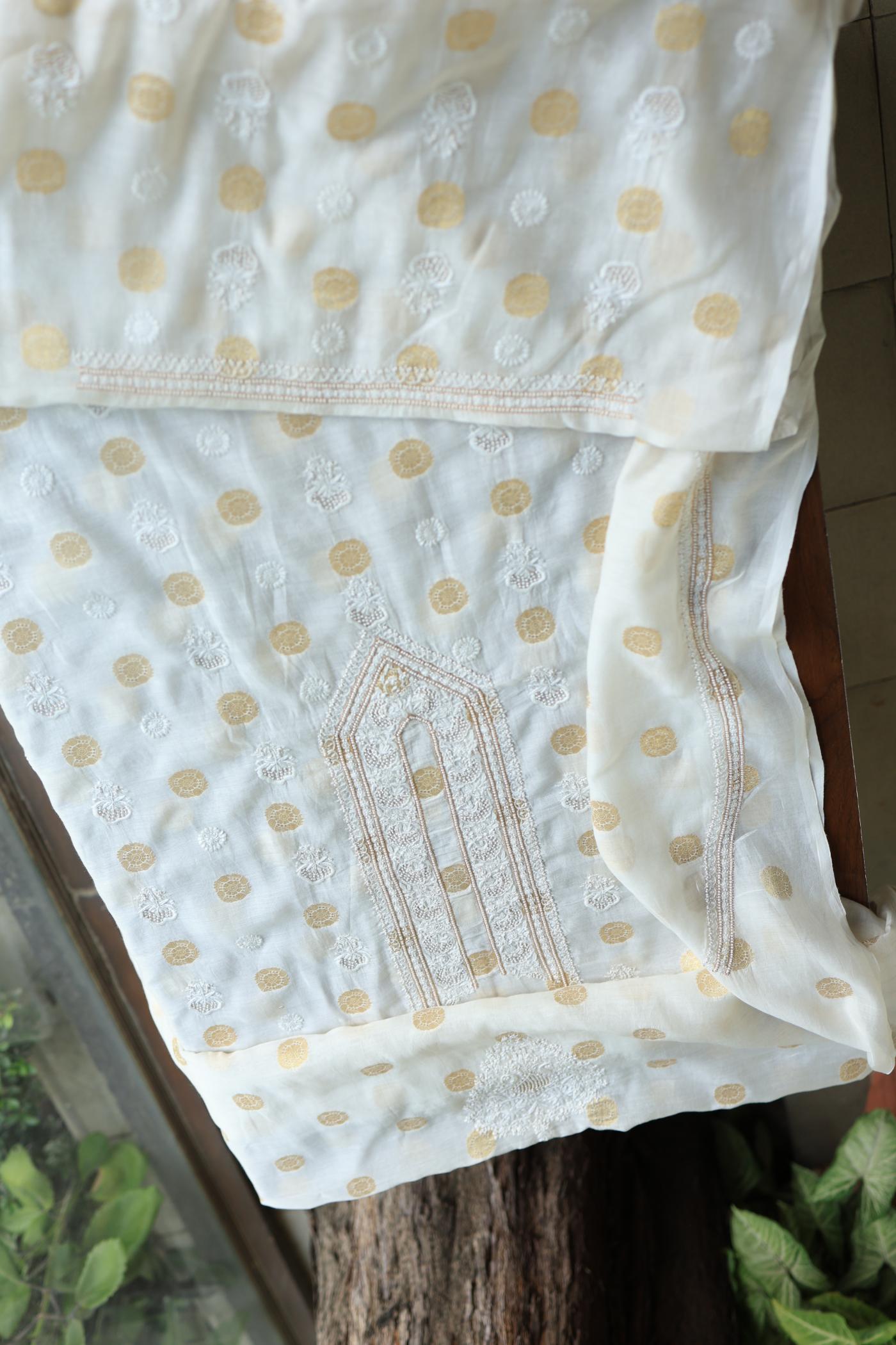 Golden Zari Chanderi Unisex Chikankari Unstitched Men’s Kurta Fabric