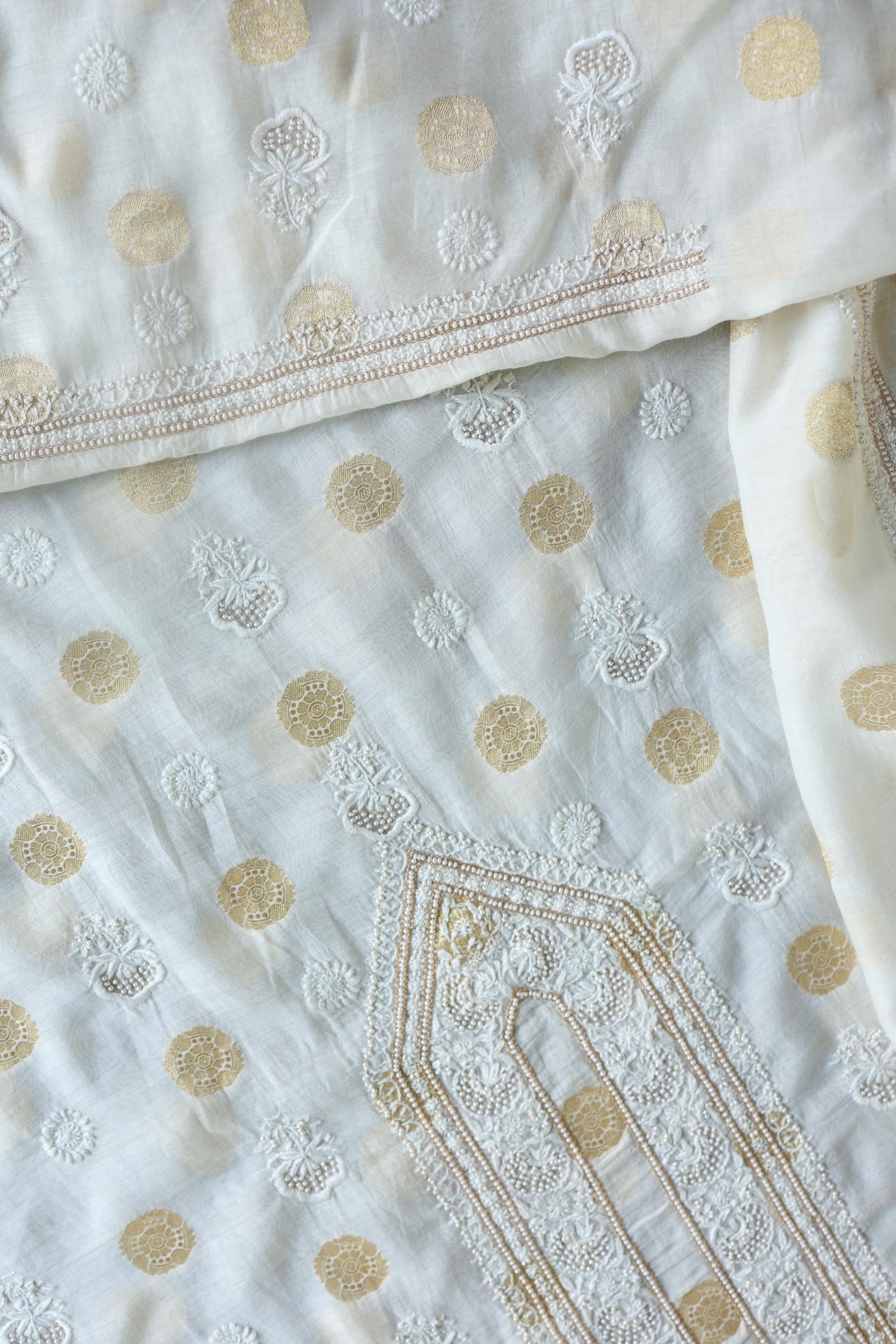 Golden Zari Chanderi Unisex Chikankari Unstitched Men’s Kurta Fabric