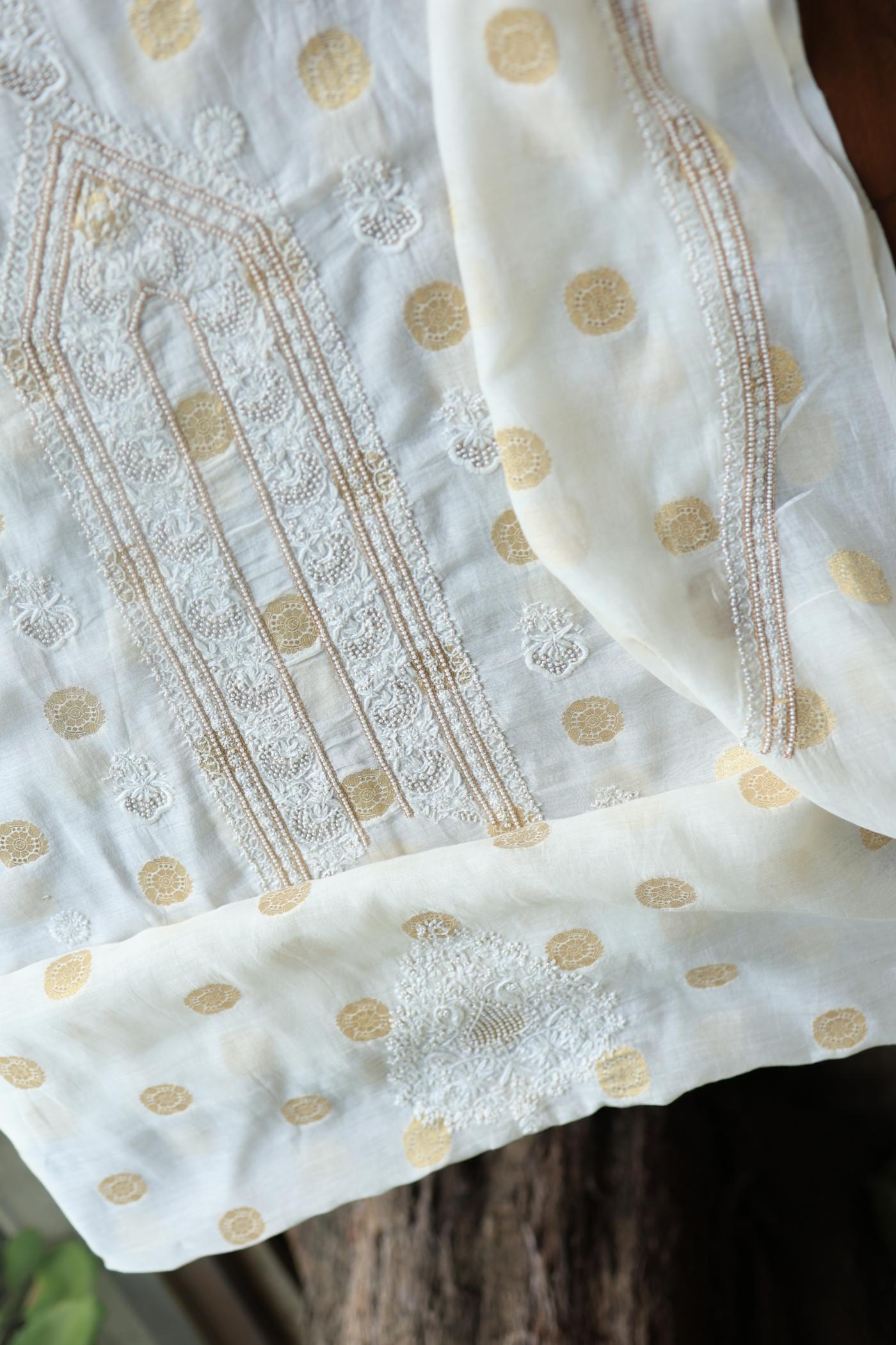 Golden Zari Chanderi Unisex Chikankari Unstitched Men’s Kurta Fabric