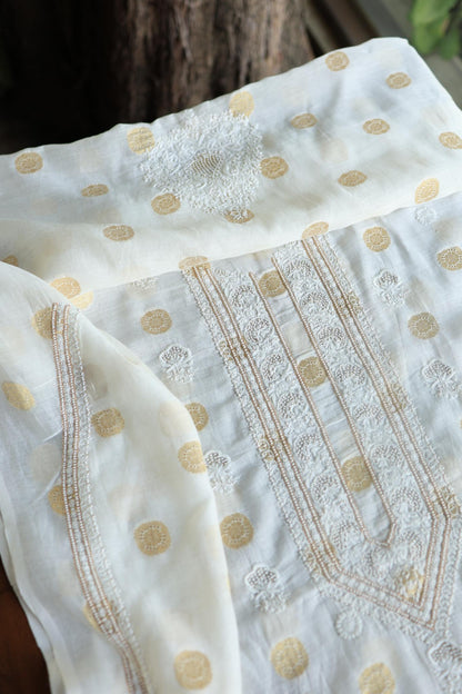 Golden Zari Chanderi Unisex Chikankari Unstitched Men’s Kurta Fabric