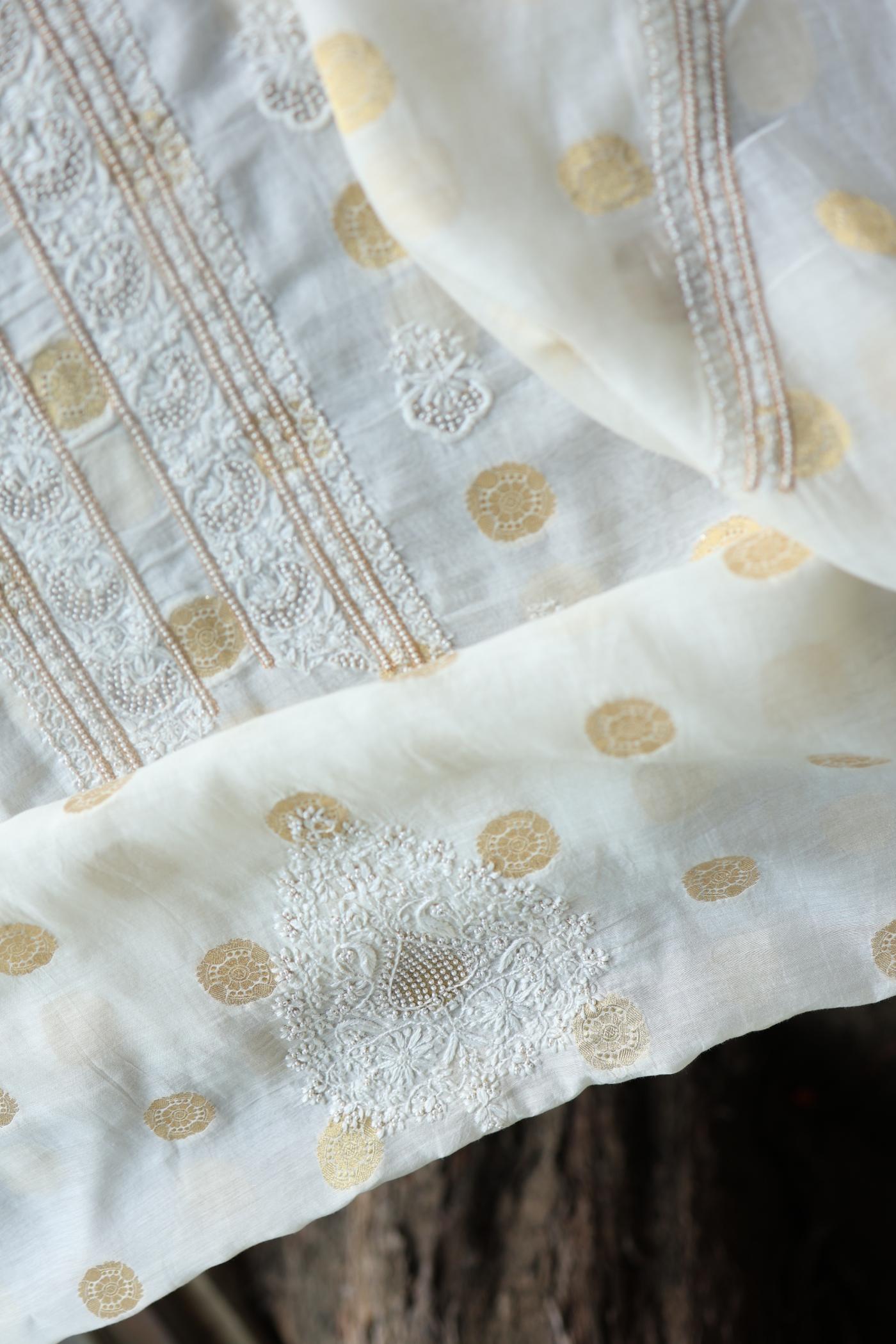 Golden Zari Chanderi Unisex Chikankari Unstitched Men’s Kurta Fabric