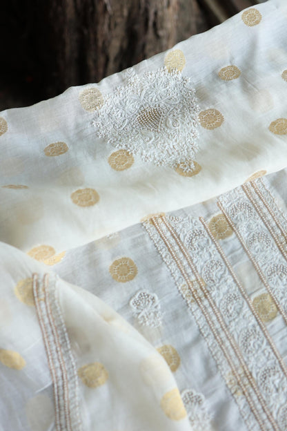 Golden Zari Chanderi Unisex Chikankari Unstitched Men’s Kurta Fabric