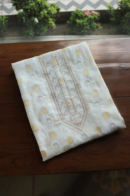 Golden Zari Chanderi Unisex Chikankari Unstitched Men’s Kurta Fabric