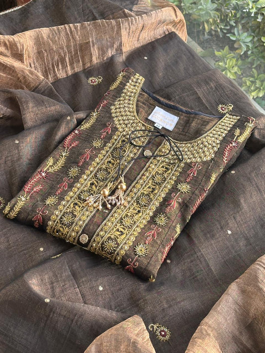 Goldish Black Shade Tissue Silk Chikankari Anarkali With Ari Work