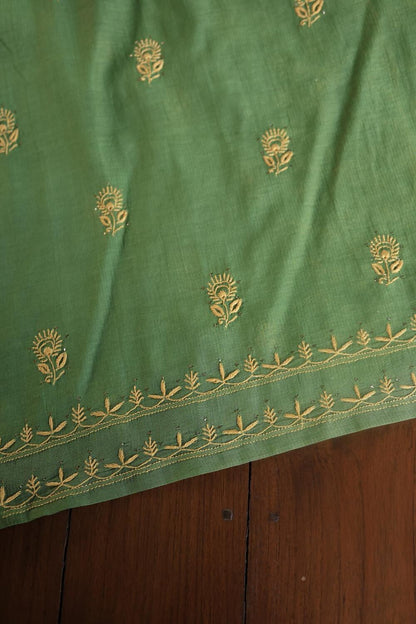 Green Mul Cotton Fine Chikankari With Kamdani Work Unstitched Fabric