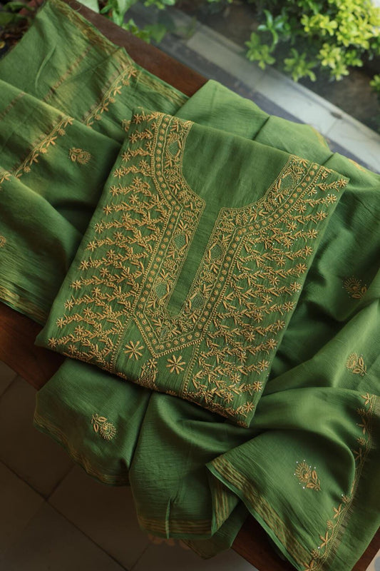 Green Mul Cotton Fine Chikankari With Kamdani Work Unstitched Fabric