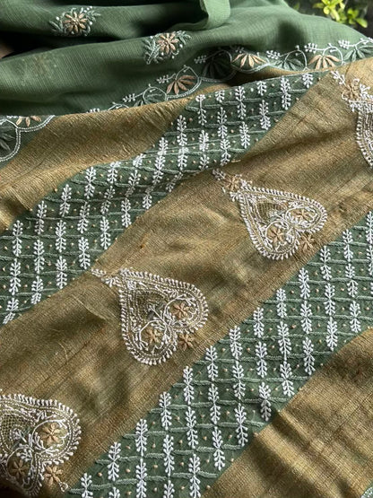 Green Silk Gheecha Palla Kota Chikankari Saree With Mukaish Kamdani