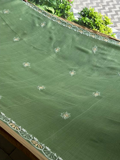 Green Silk Gheecha Palla Kota Chikankari Saree With Mukaish Kamdani