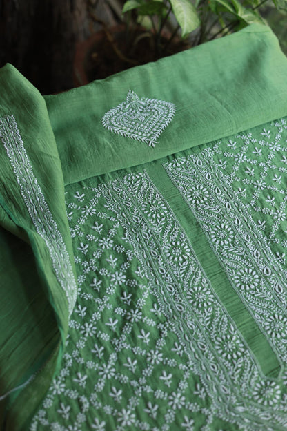 Green All Over Chikankari Malmal Unstitched Men's Kurtas Fabric