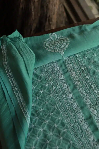 Green All Over Chikankari Malmal Unstitched Men's Kurtas Fabric