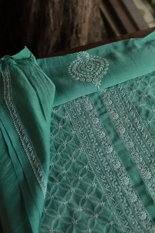Green All Over Chikankari Malmal Unstitched Men's Kurtas Fabric