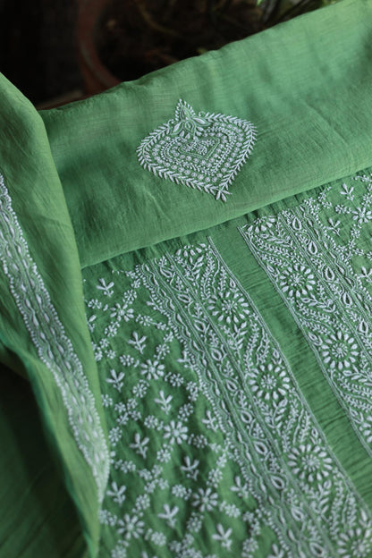 Green All Over Chikankari Malmal Unstitched Men's Kurtas Fabric