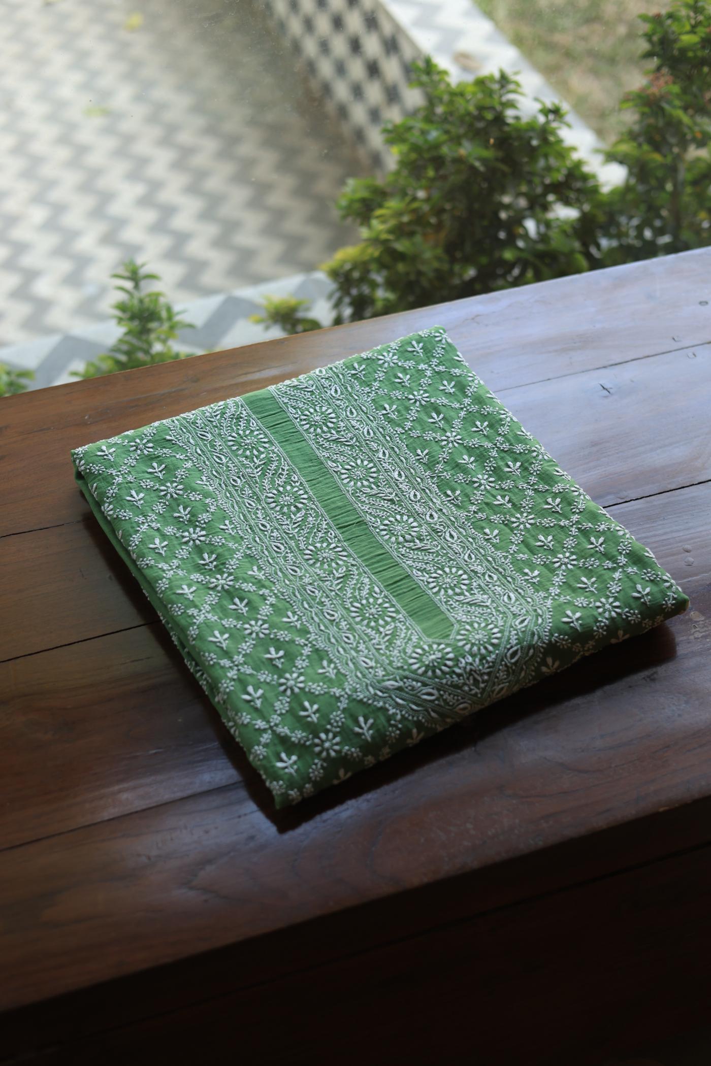 Green All Over Chikankari Malmal Unstitched Men's Kurtas Fabric