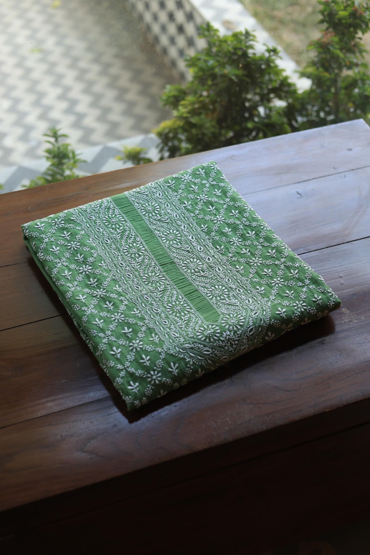 Green All Over Chikankari Malmal Unstitched Men's Kurtas Fabric