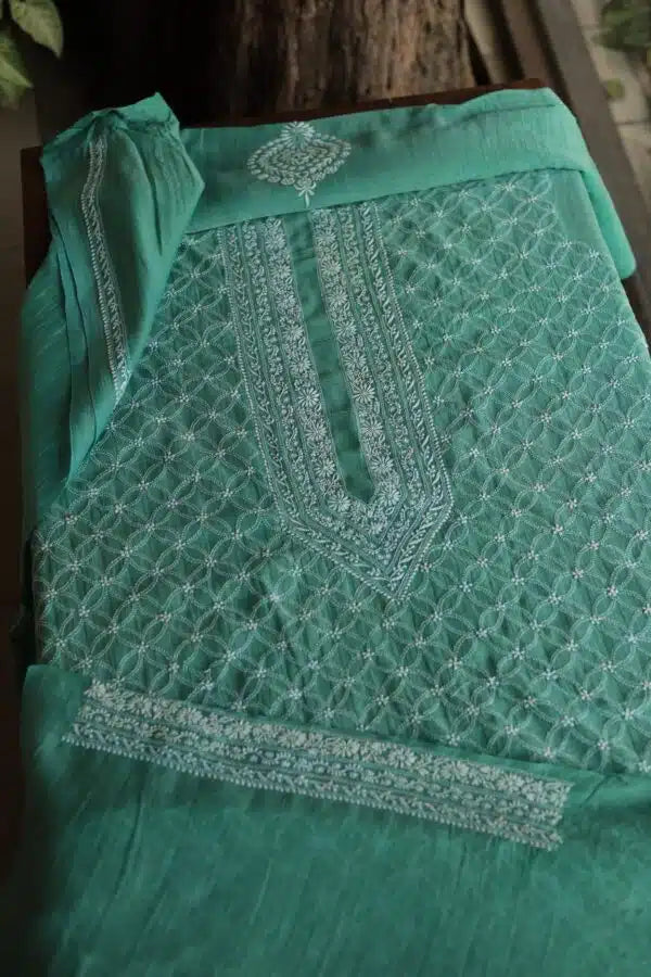 Green All Over Chikankari Malmal Unstitched Men's Kurtas Fabric
